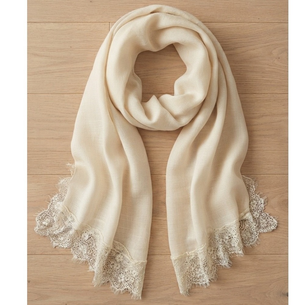 gauze thin crochet lace Scarf ivory Sheer Linen Wrap Shawl cream cottagecore